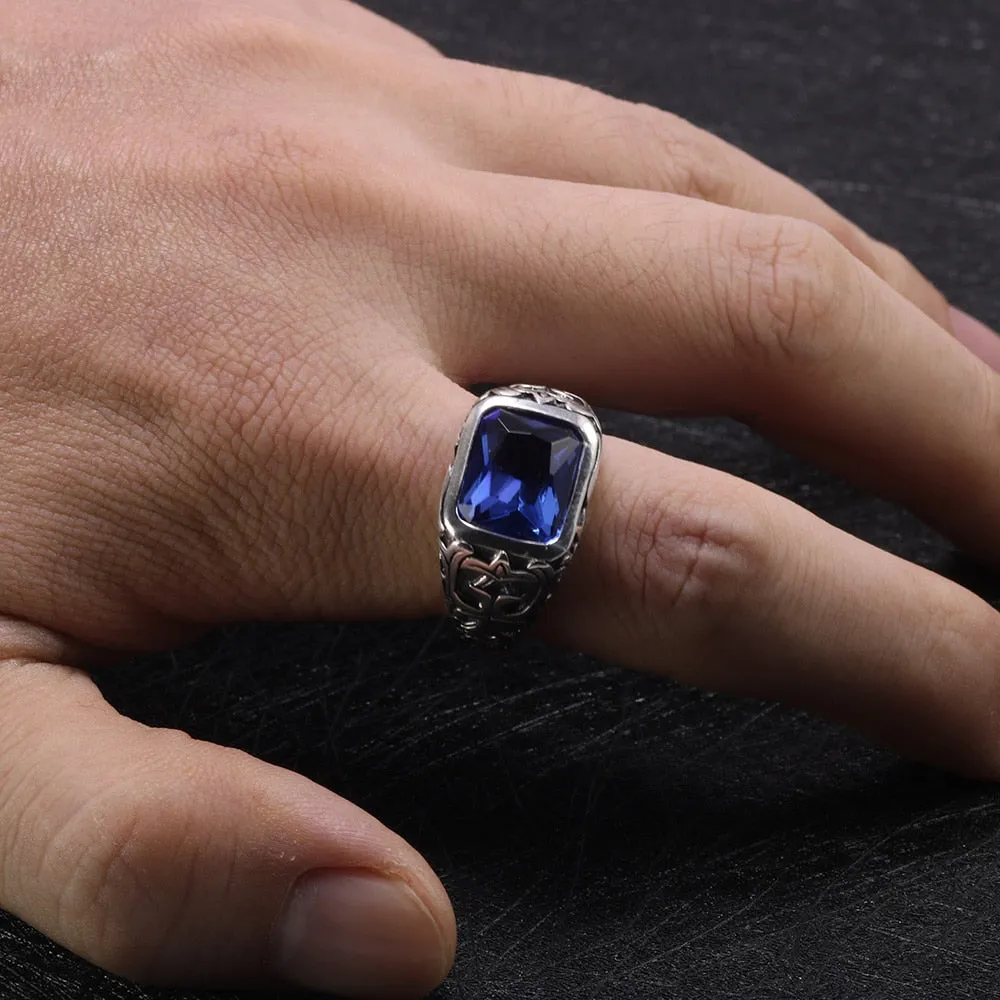 Natural Blue Crystal Stone and Engraved Flower 925 Sterling Silver Vintage Ring