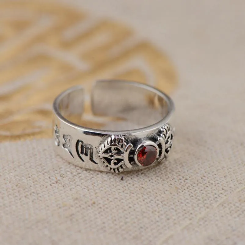 Natural Garnet Stone with Buddhist Six Words Mantra 925 Sterling Silver Vintage Ring