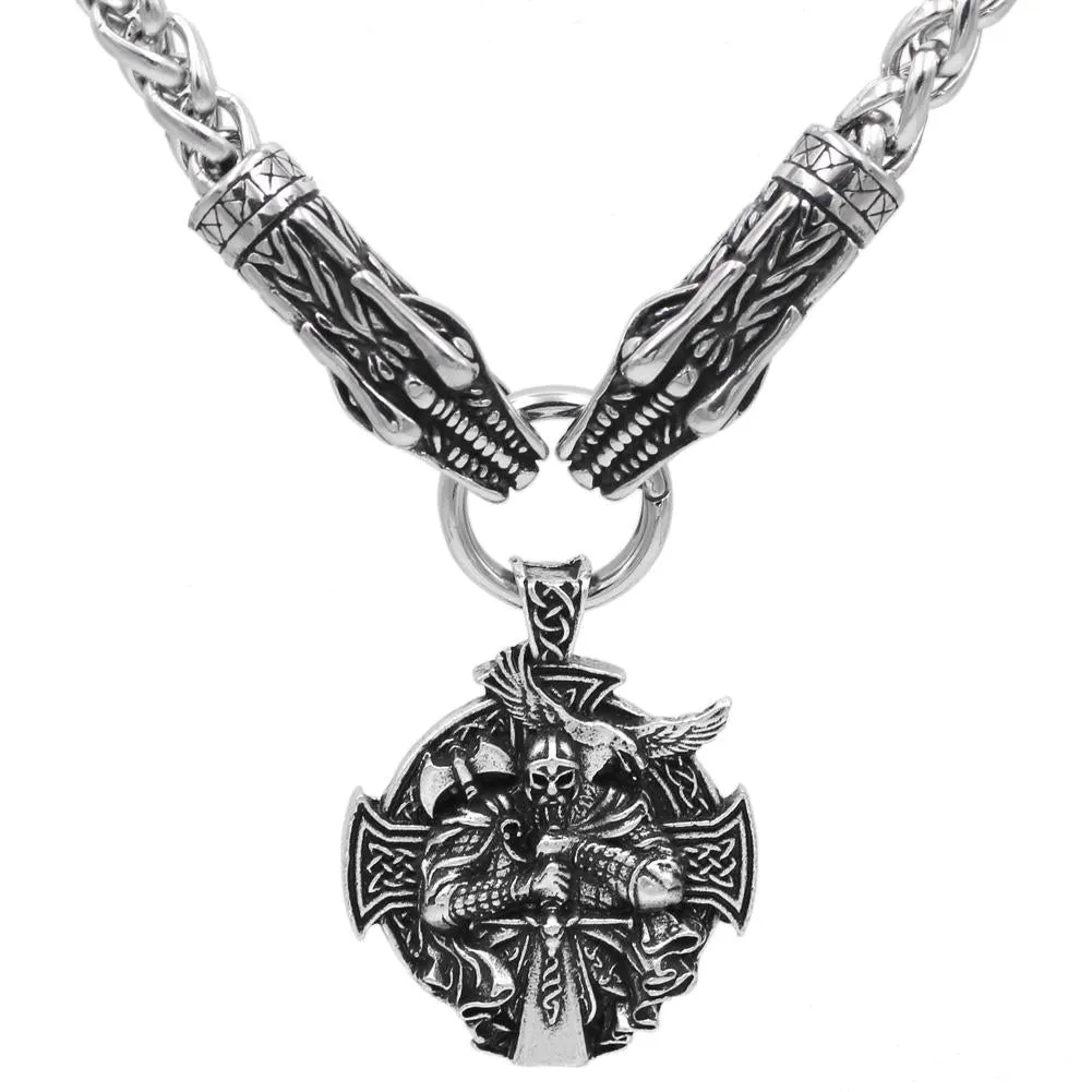 Norse Snake Chain Necklace with Thor's Hammer, Wolf and Worrier Pendant