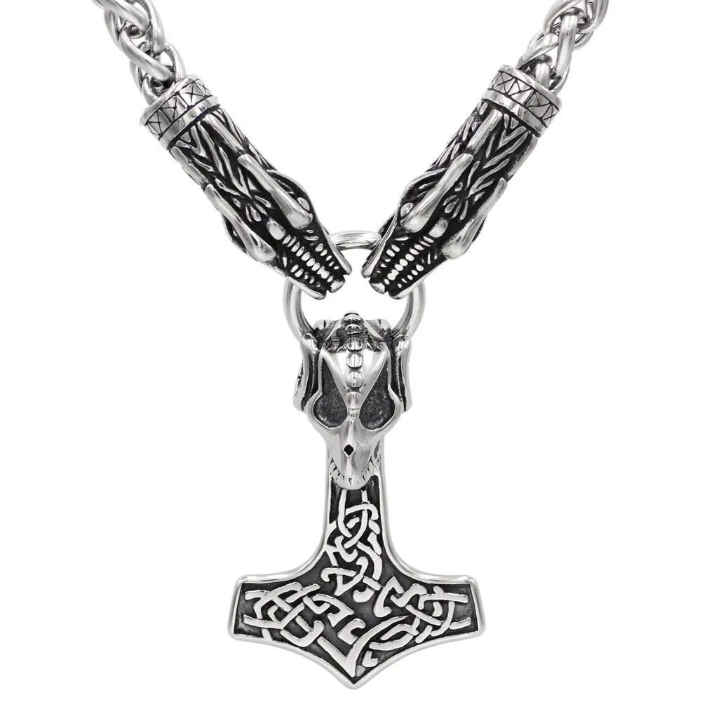 Norse Snake Chain Necklace with Thor's Hammer, Wolf and Worrier Pendant