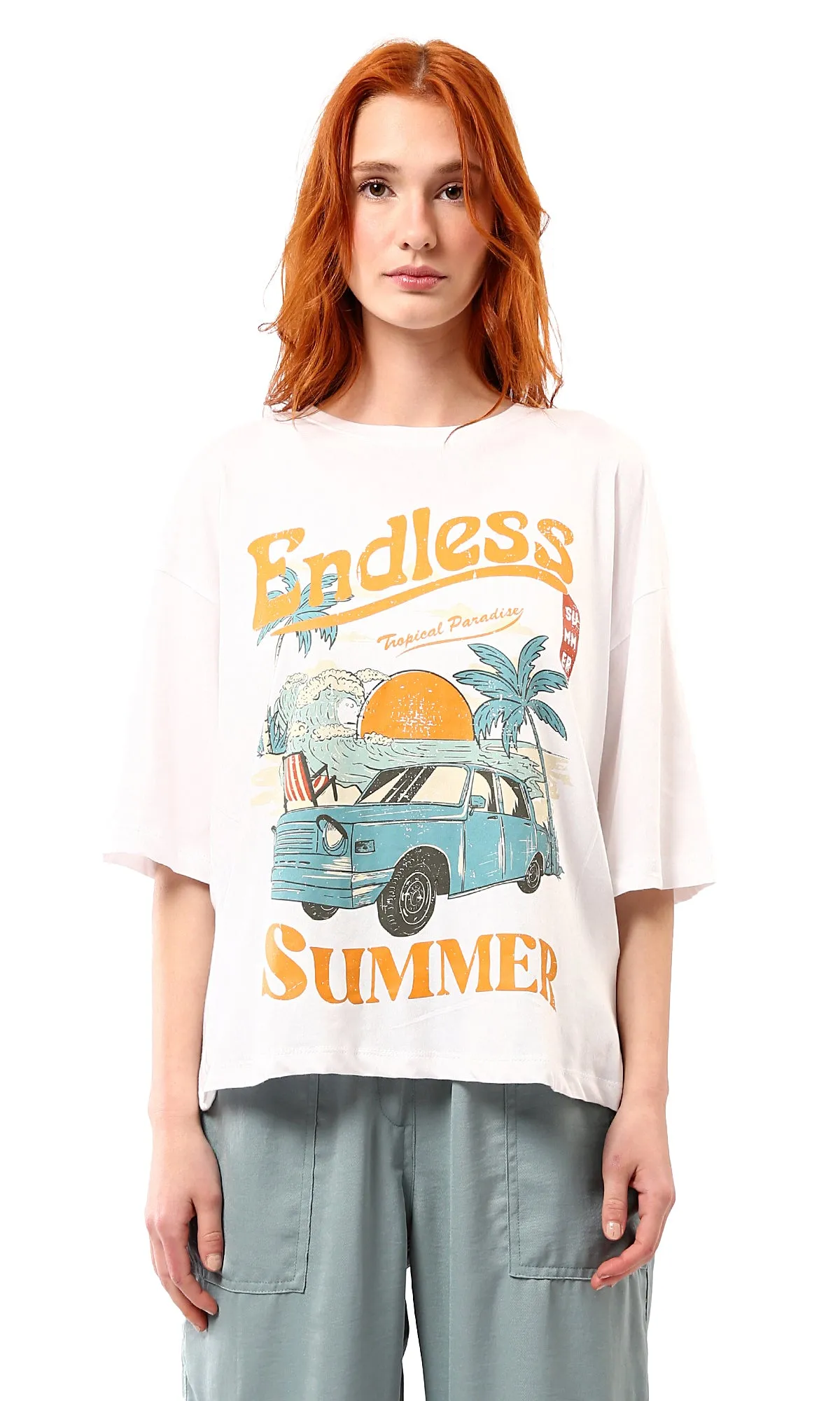 O178794 Printed Endless Summer Elbow Sleeves White Tee