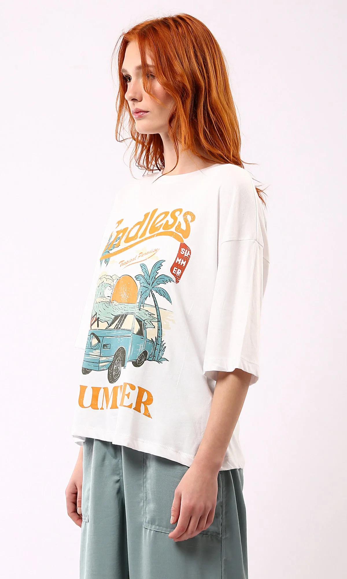 O178794 Printed Endless Summer Elbow Sleeves White Tee