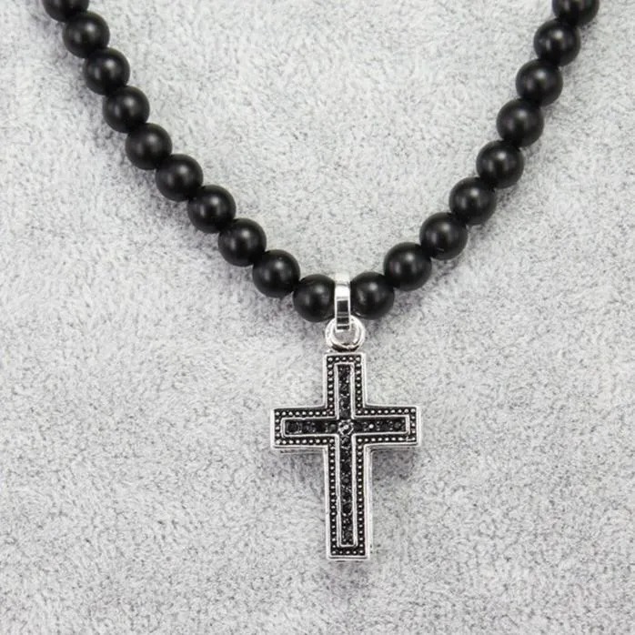 Obsidian Bead Necklace with Black Crystal Silver Cross Pendant