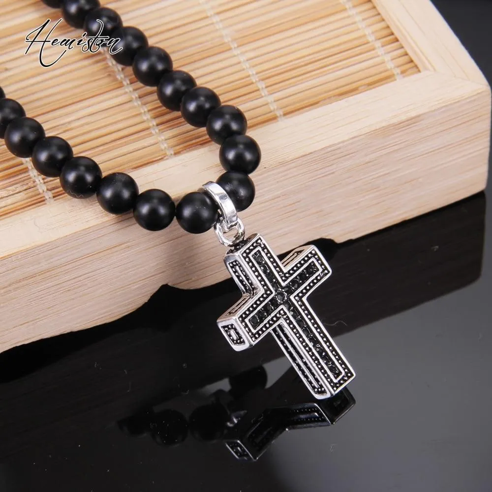 Obsidian Bead Necklace with Black Crystal Silver Cross Pendant