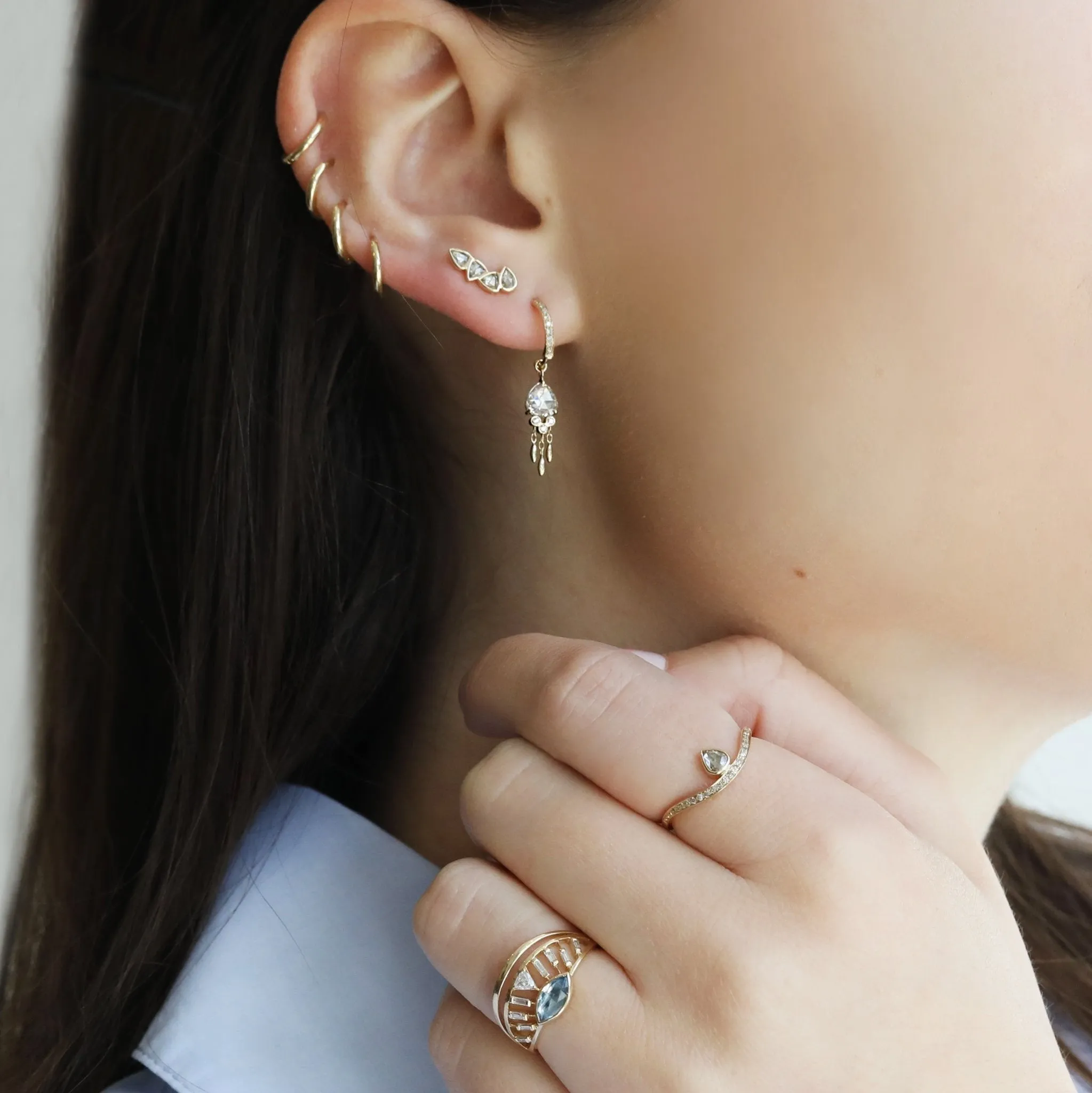 Pave Diamond Hoops with Rosecut Diamond Jellyfish Drops