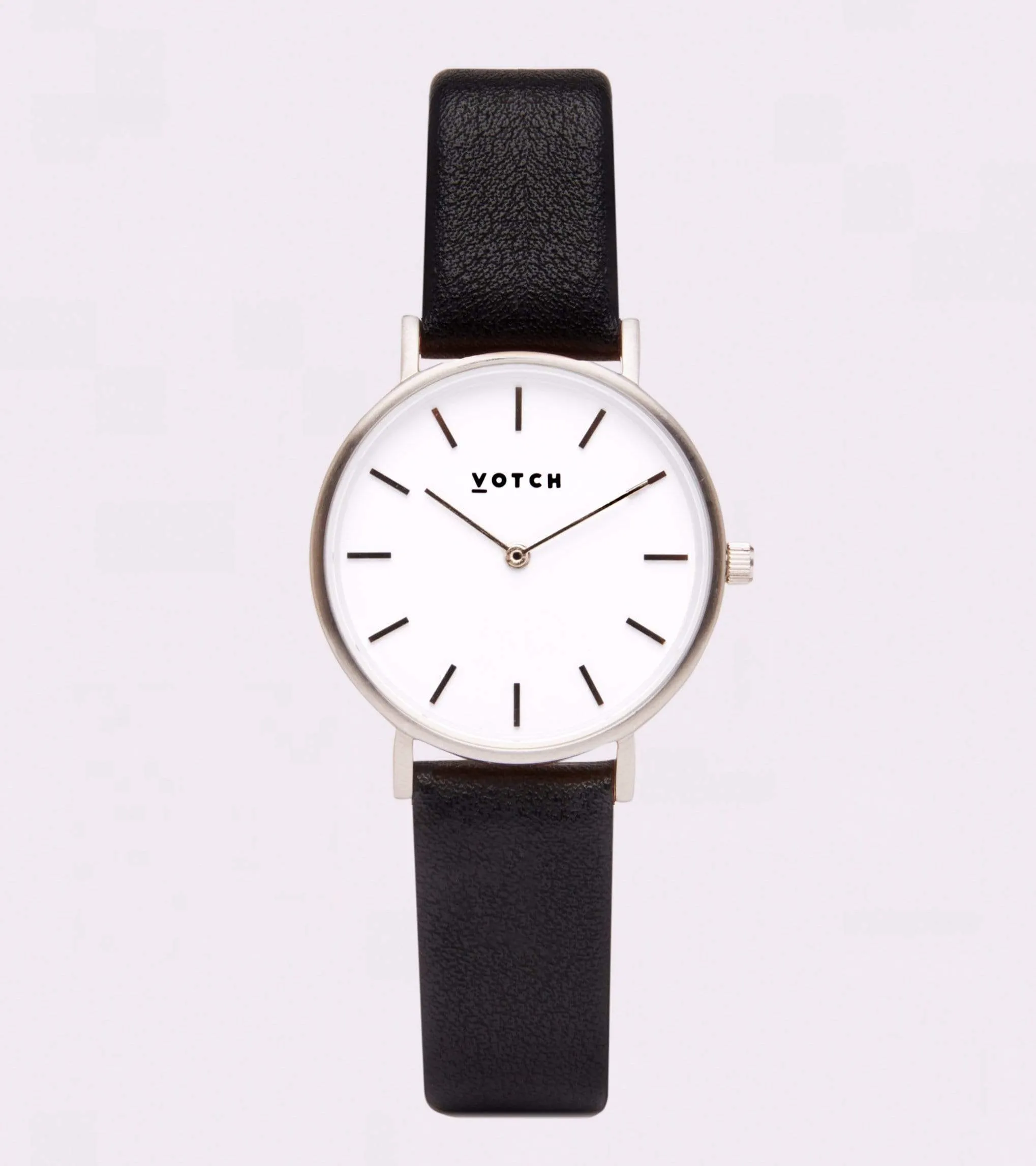 Petite Watch with Silver & White Dial | Black Vegan Leather Strap