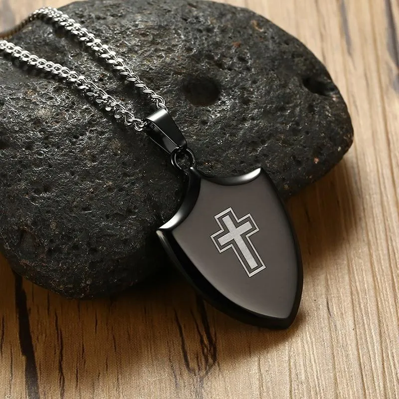 Polished Black Shield of Faith Cross Pendant and Silver Necklace