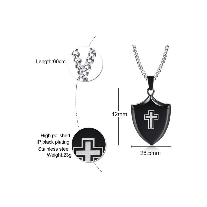 Polished Black Shield of Faith Cross Pendant and Silver Necklace