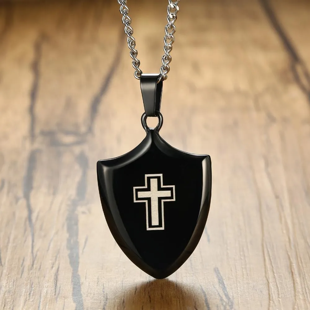 Polished Black Shield of Faith Cross Pendant and Silver Necklace