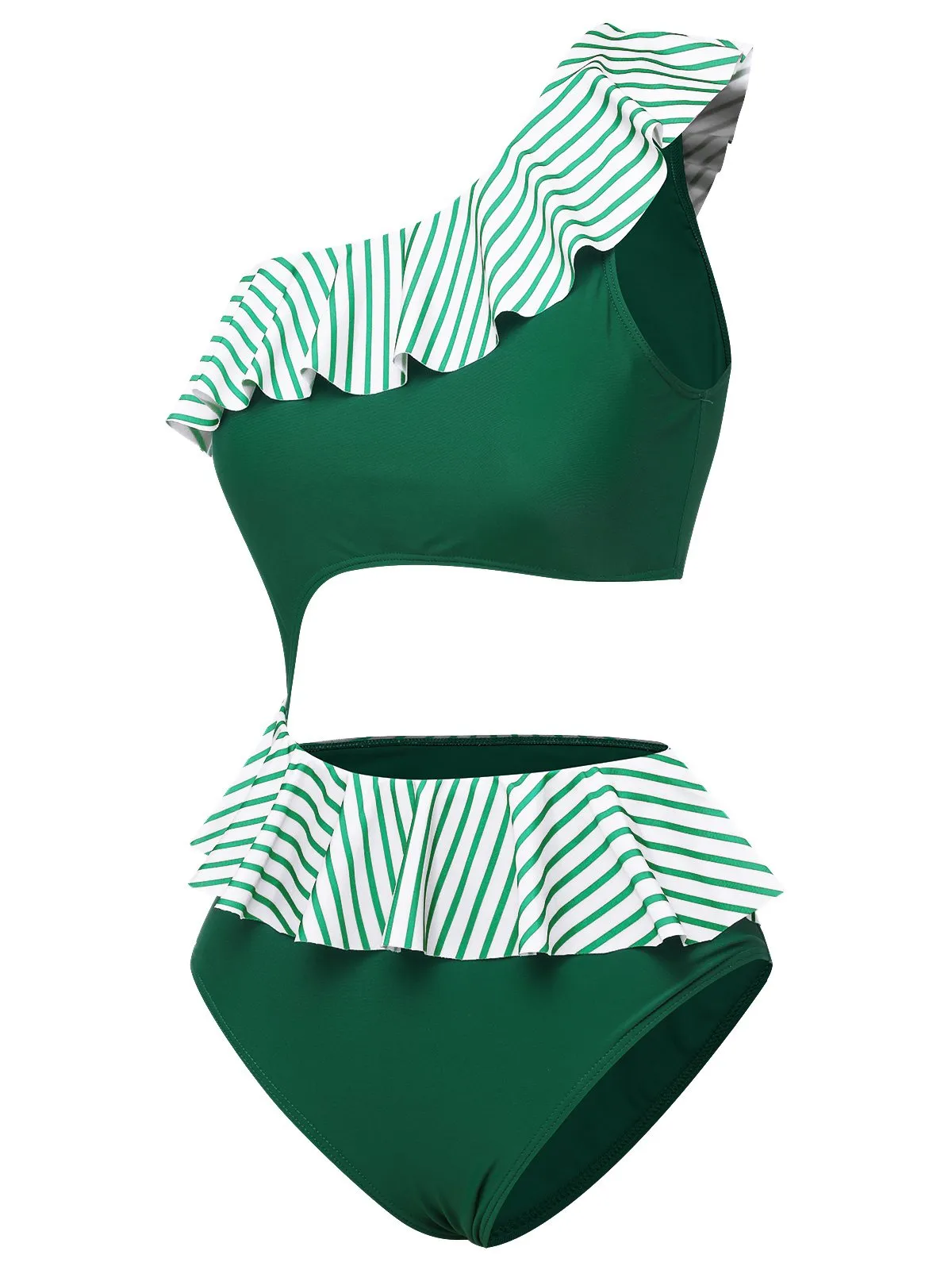 [Pre-Sale] Dark Green 1940s Striped Ruffled Swimsuit