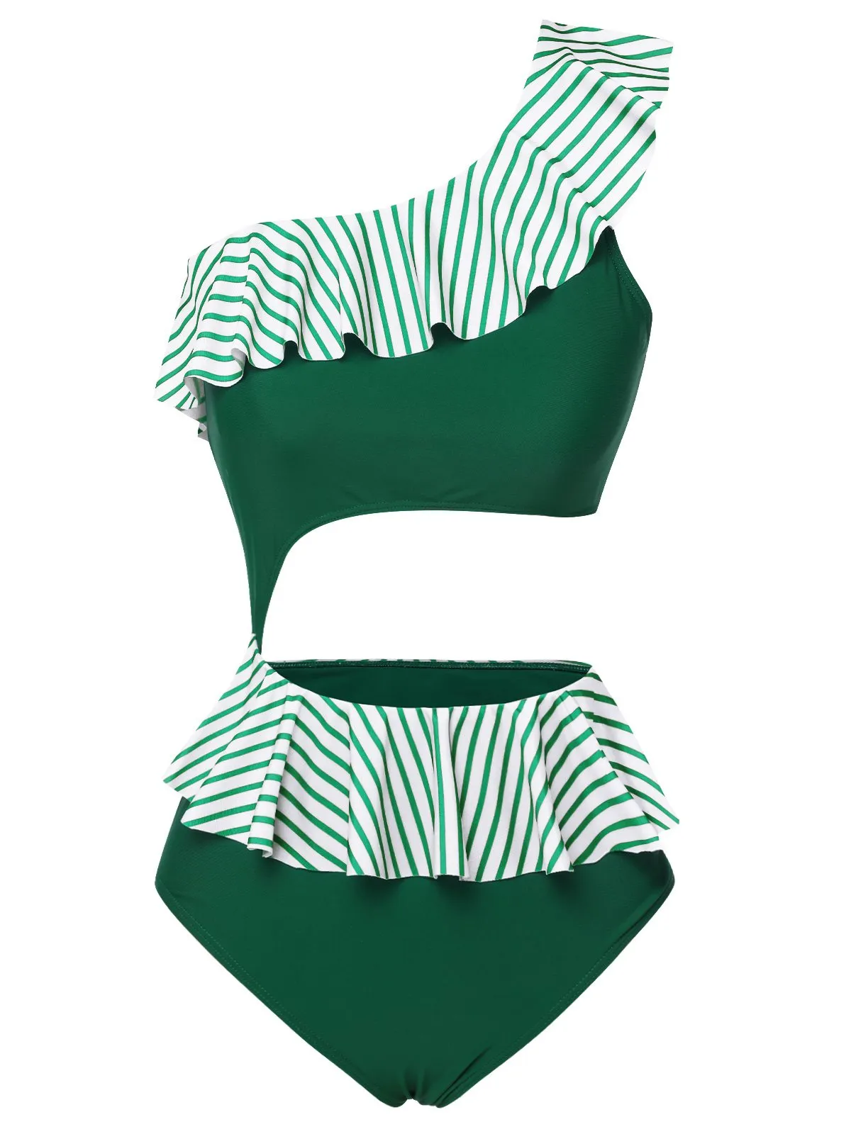 [Pre-Sale] Dark Green 1940s Striped Ruffled Swimsuit