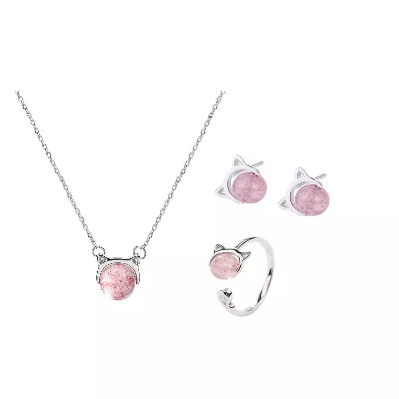 Pretty Pink Cat Jewelry Set in Solid 925 Sterling Silver