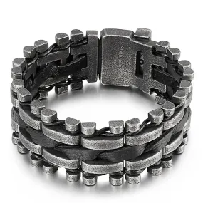 Punk Rock Biker Men's Alloy Black Tone Leather Bracelet Cuff Wristband Link Chain