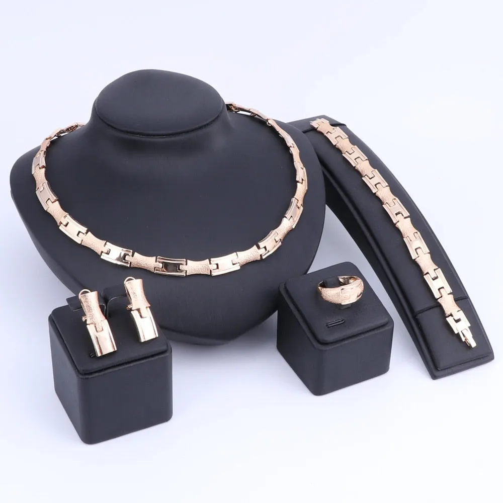 Puzzle Link Chain Necklace, Bracelet, Earrings & Ring Wedding Statement Jewelry Set