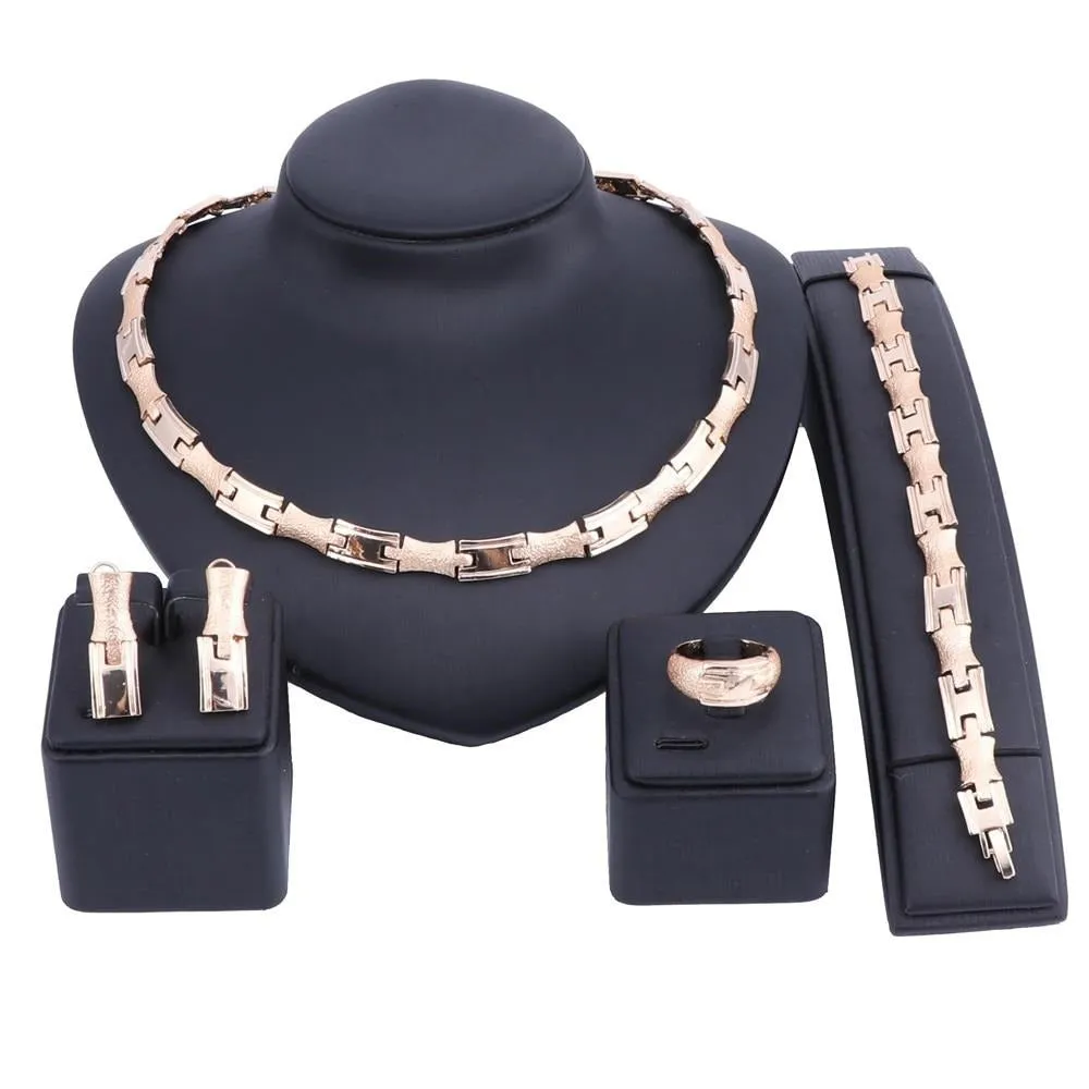 Puzzle Link Chain Necklace, Bracelet, Earrings & Ring Wedding Statement Jewelry Set