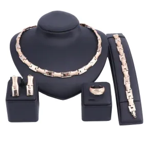 Puzzle Link Chain Necklace, Bracelet, Earrings & Ring Wedding Statement Jewelry Set