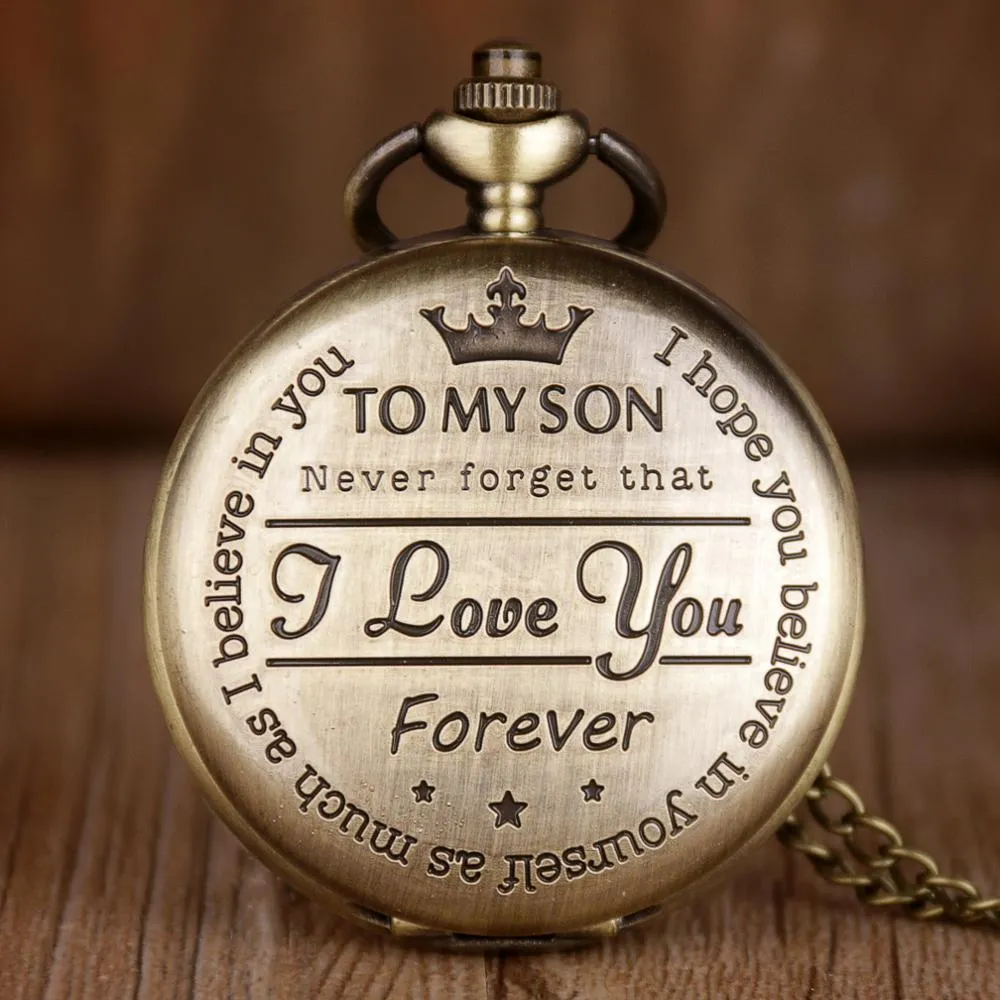 "To My Son I Love You" Fashion Antique Bronze Design Quartz Necklace Chain Pendant Pocket Watch