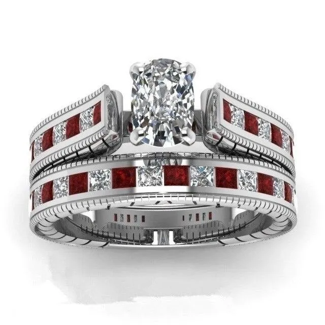 Red Koa Wood and Crystal Rhinestone Stainless Steel Wedding Ring Set