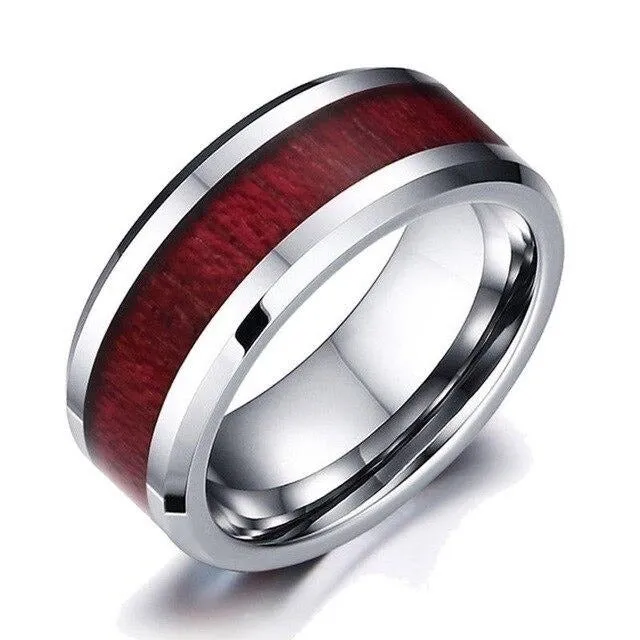 Red Koa Wood and Crystal Rhinestone Stainless Steel Wedding Ring Set