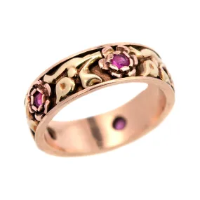 Retro 14k Gold Ruby Flower Motif Band