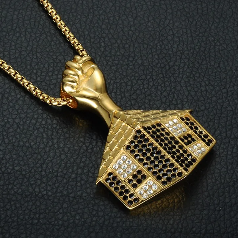 Rhinestone-Studded Gold-Plated House Bling Stainless Steel Hip-hop Pendant Necklace