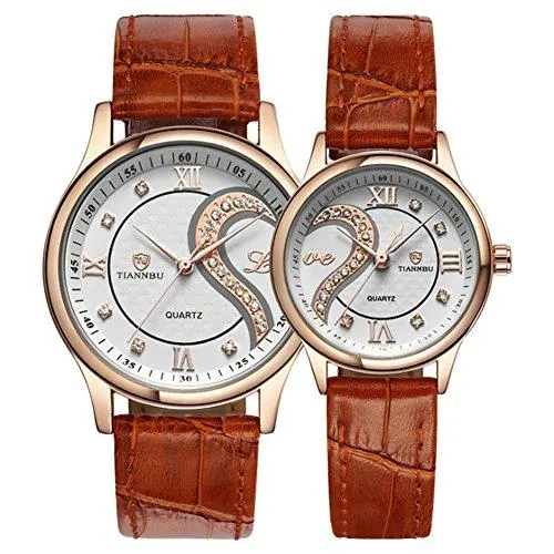 Romantic His Hers Watches Pair Hearts Wristwatch for Man Woman Leather Set