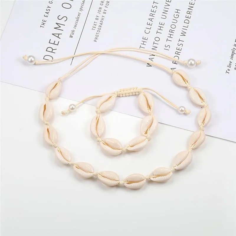 Rope Puka Shell Bracelet and Choker Set with Pearl End