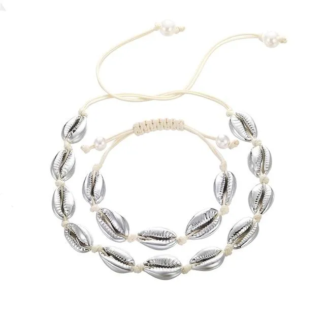 Rope Puka Shell Bracelet and Choker Set with Pearl End