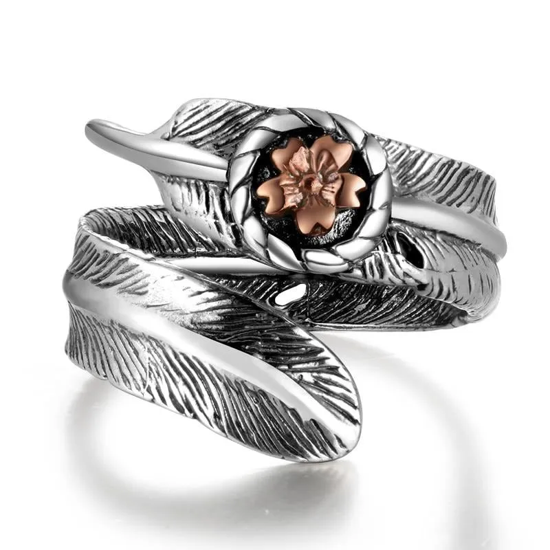 Rose Gold Flower and Feather 925 Sterling Silver Adjustable Vintage Punk Ring