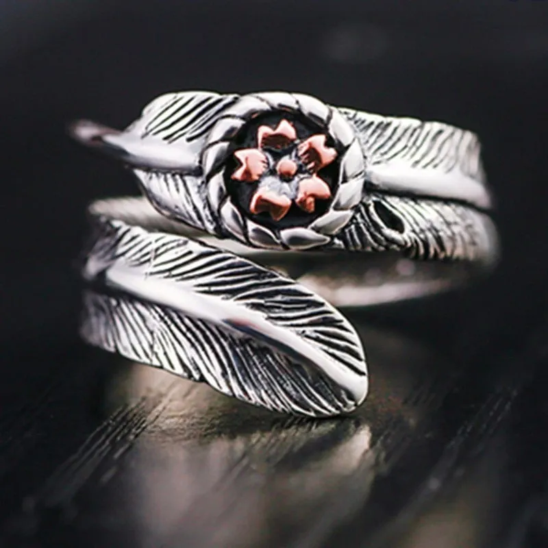 Rose Gold Flower and Feather 925 Sterling Silver Adjustable Vintage Punk Ring