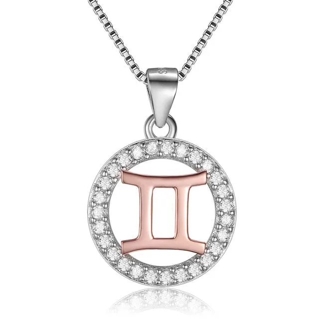 Rose Gold Zodiac Sign 925 Sterling Silver Long Chain Pendant Necklace