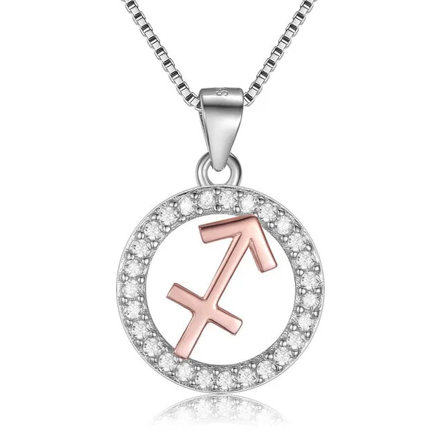 Rose Gold Zodiac Sign 925 Sterling Silver Long Chain Pendant Necklace