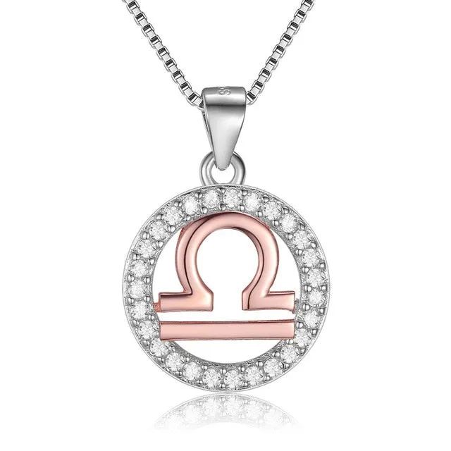 Rose Gold Zodiac Sign 925 Sterling Silver Long Chain Pendant Necklace