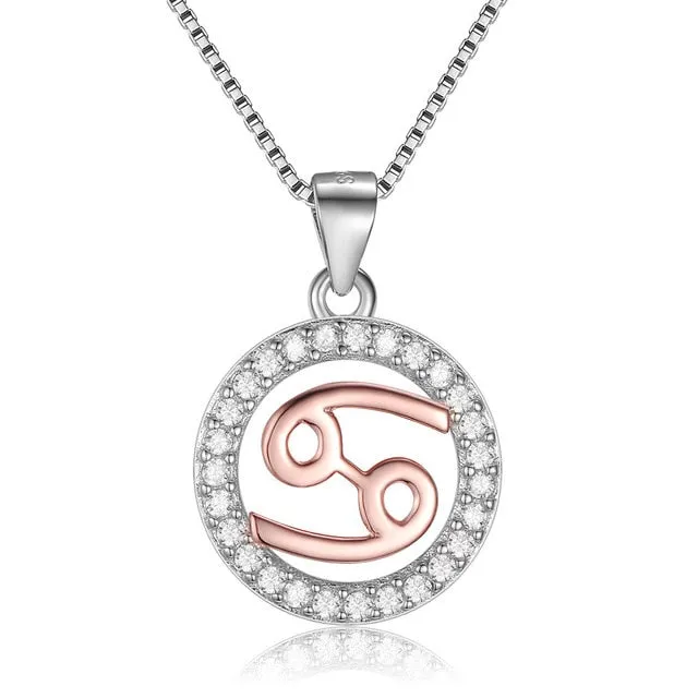 Rose Gold Zodiac Sign 925 Sterling Silver Long Chain Pendant Necklace