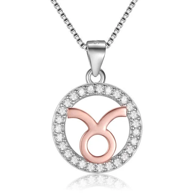 Rose Gold Zodiac Sign 925 Sterling Silver Long Chain Pendant Necklace