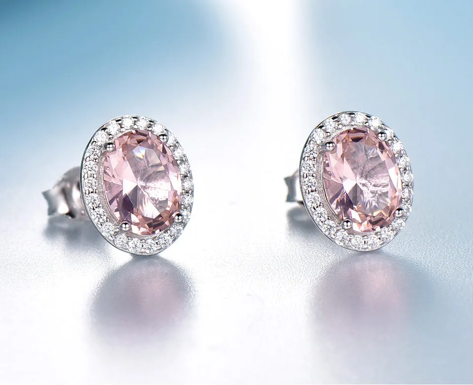 Rose Pink Morganite and Cubic Zirconia 925 Sterling Silver Wedding Stud Earrings