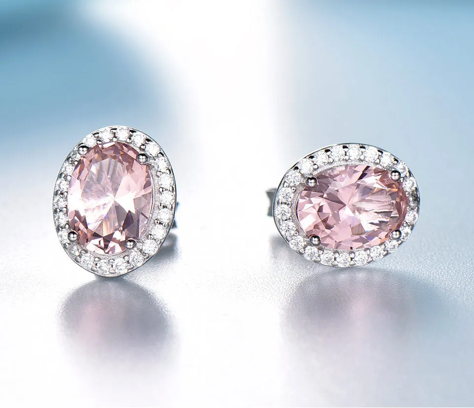 Rose Pink Morganite and Cubic Zirconia 925 Sterling Silver Wedding Stud Earrings