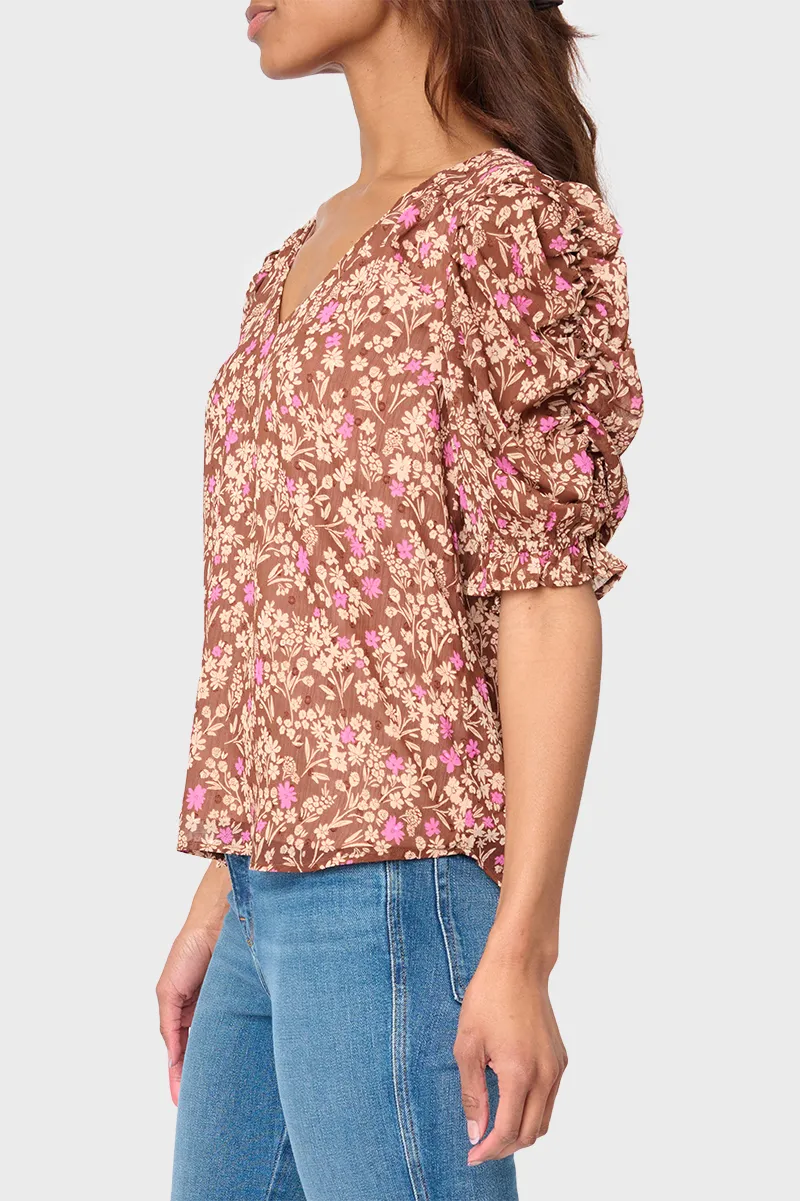 Rouched Sleeve Chiffon V-neck Blouse