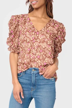 Rouched Sleeve Chiffon V-neck Blouse