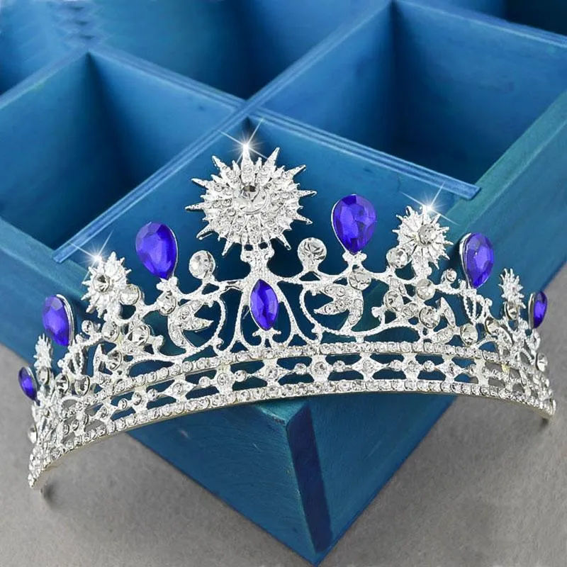 Royal Blue & Silver Crystal Bride Crown for Wedding