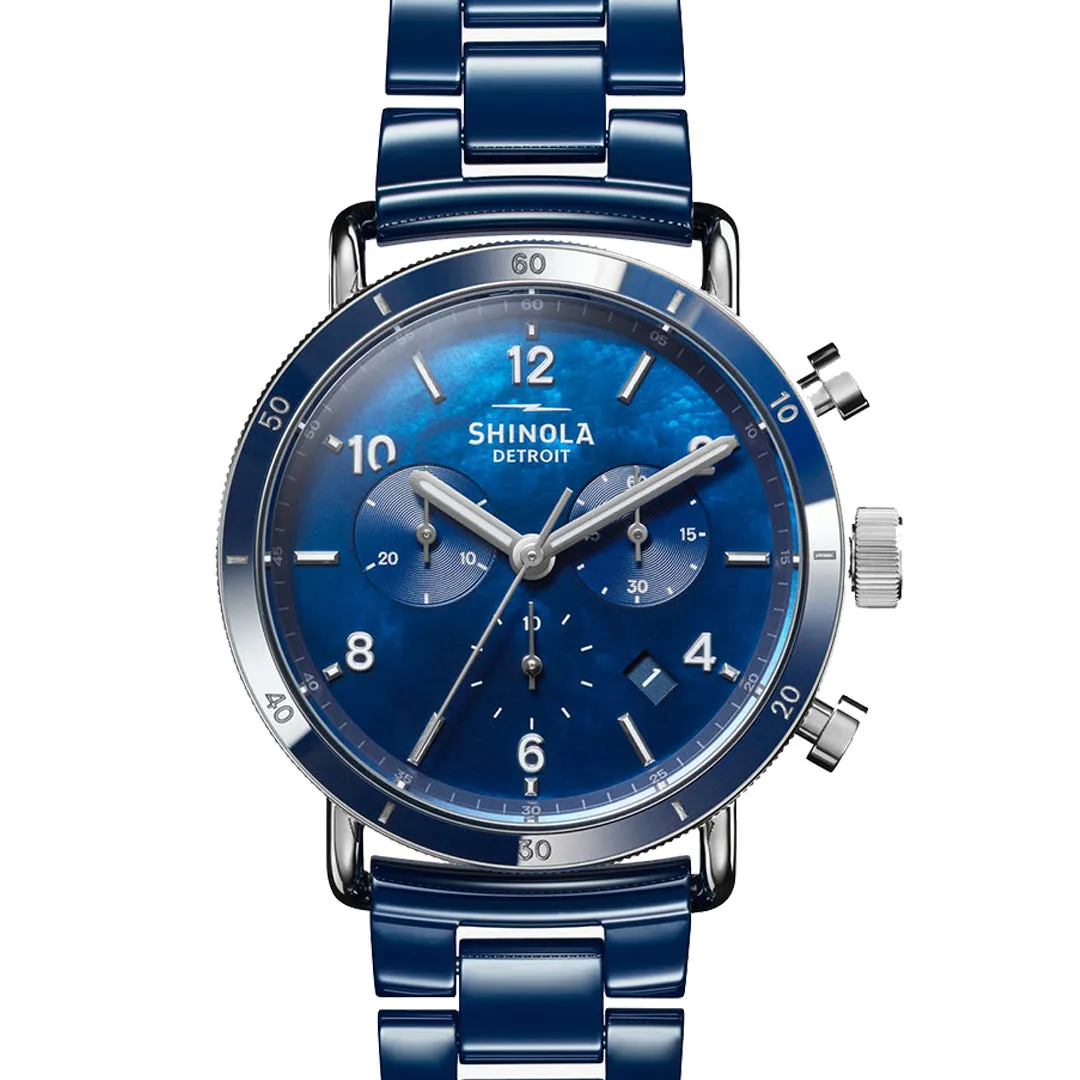 Shinola Canfield Sport 40MM Blue Mother of Pearl Chronograph Cobalt Blue Ceramic Bracelet Watch