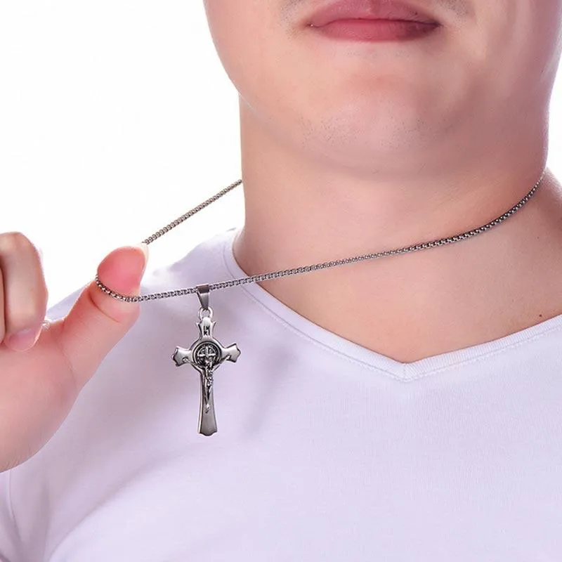 Silver & Black Stainless Steel Christian Pendant Necklace for Men