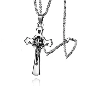 Silver & Black Stainless Steel Christian Pendant Necklace for Men