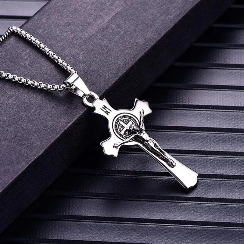 Silver & Black Stainless Steel Christian Pendant Necklace for Men