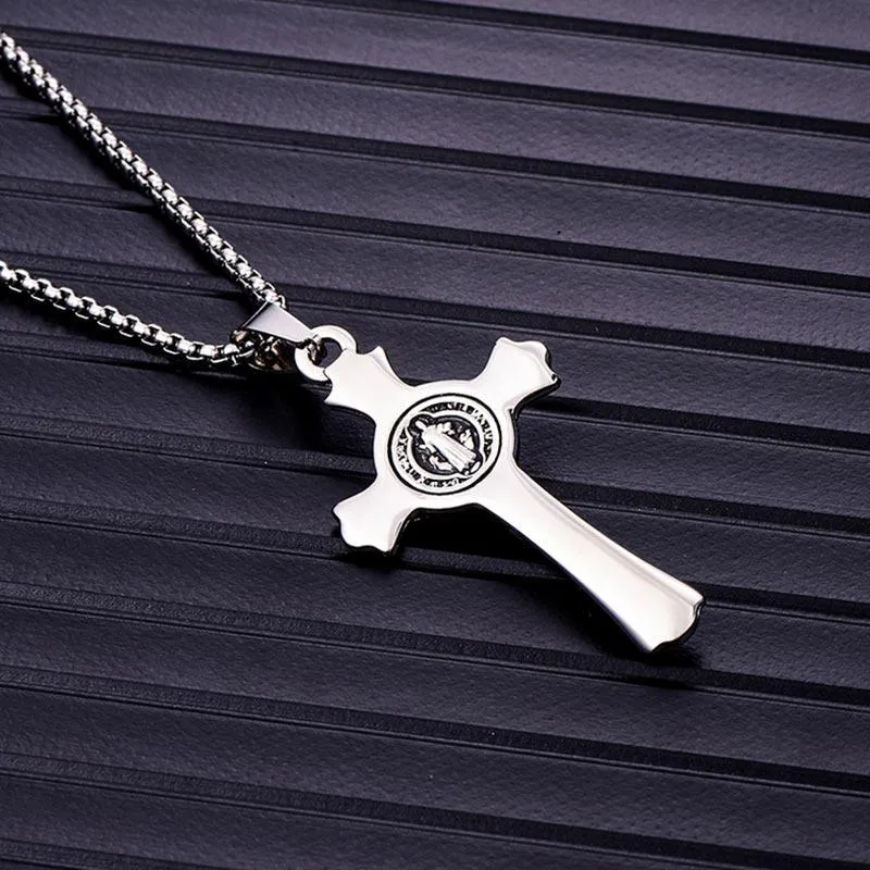 Silver & Black Stainless Steel Christian Pendant Necklace for Men