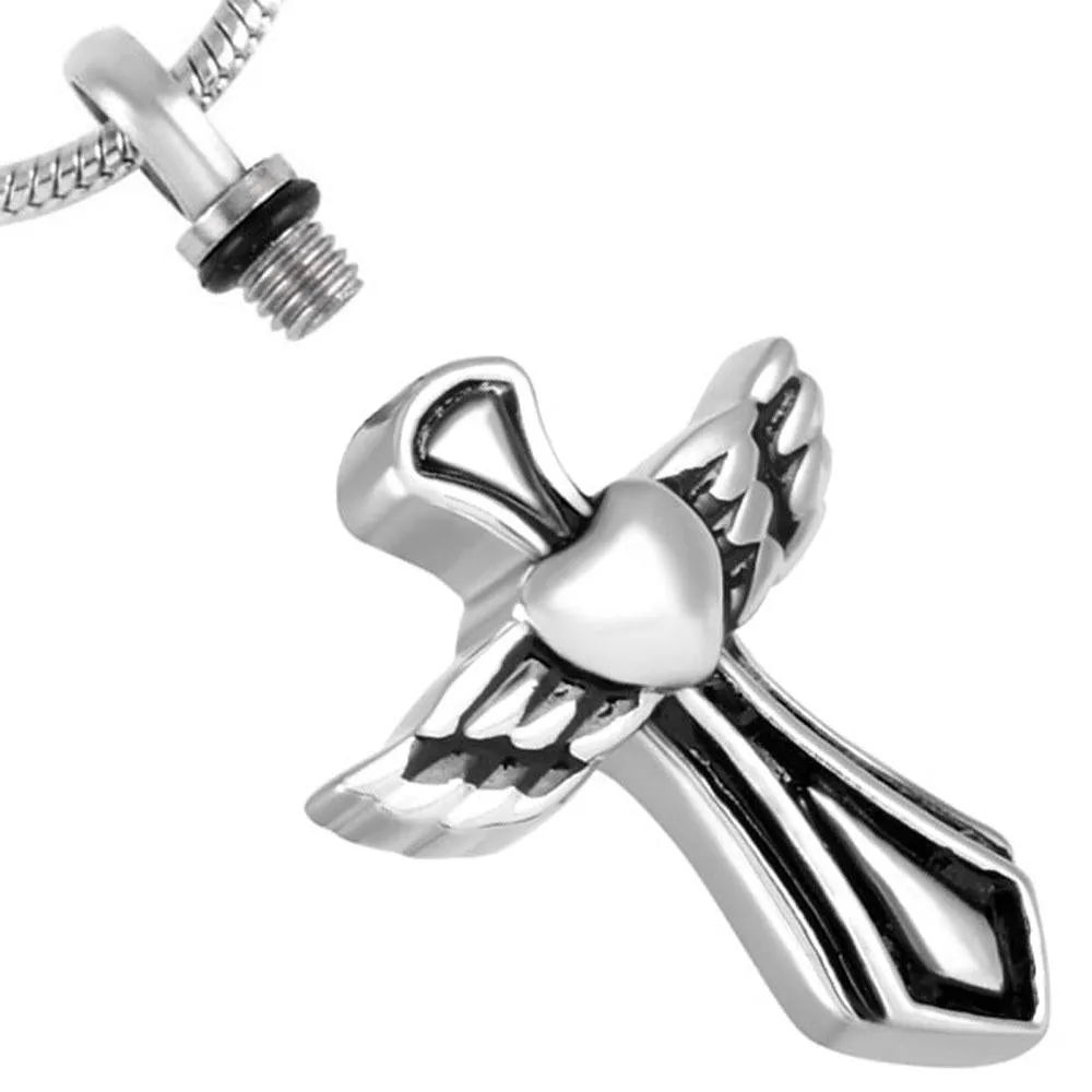 Silver Angelic Winged Heart Cross Mini-Urn Pendant Necklace