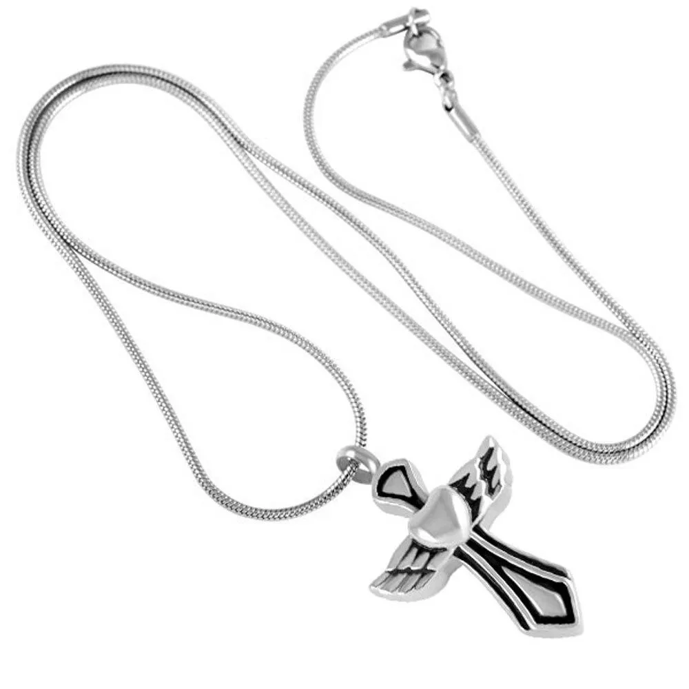 Silver Angelic Winged Heart Cross Mini-Urn Pendant Necklace