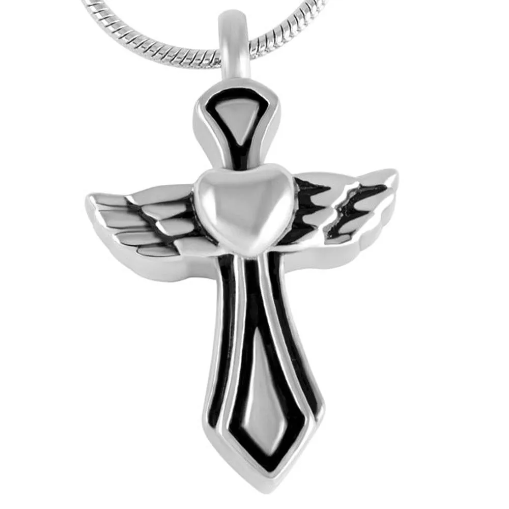 Silver Angelic Winged Heart Cross Mini-Urn Pendant Necklace