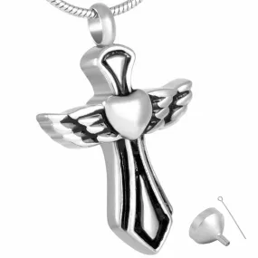 Silver Angelic Winged Heart Cross Mini-Urn Pendant Necklace