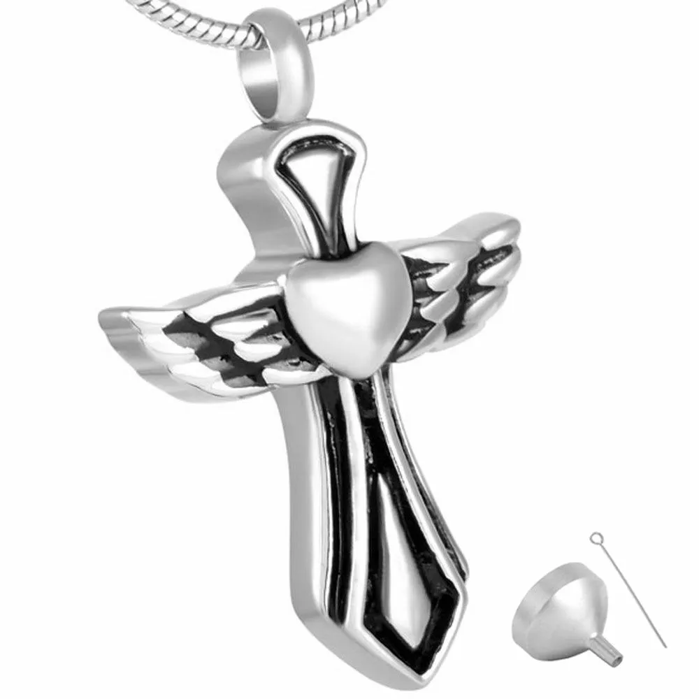 Silver Angelic Winged Heart Cross Mini-Urn Pendant Necklace